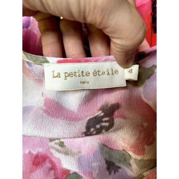 La Petite Etoile Paris Pink Floral Watercolor Faux Wrap Dress Cool Girl Summer - Picture 9 of 11